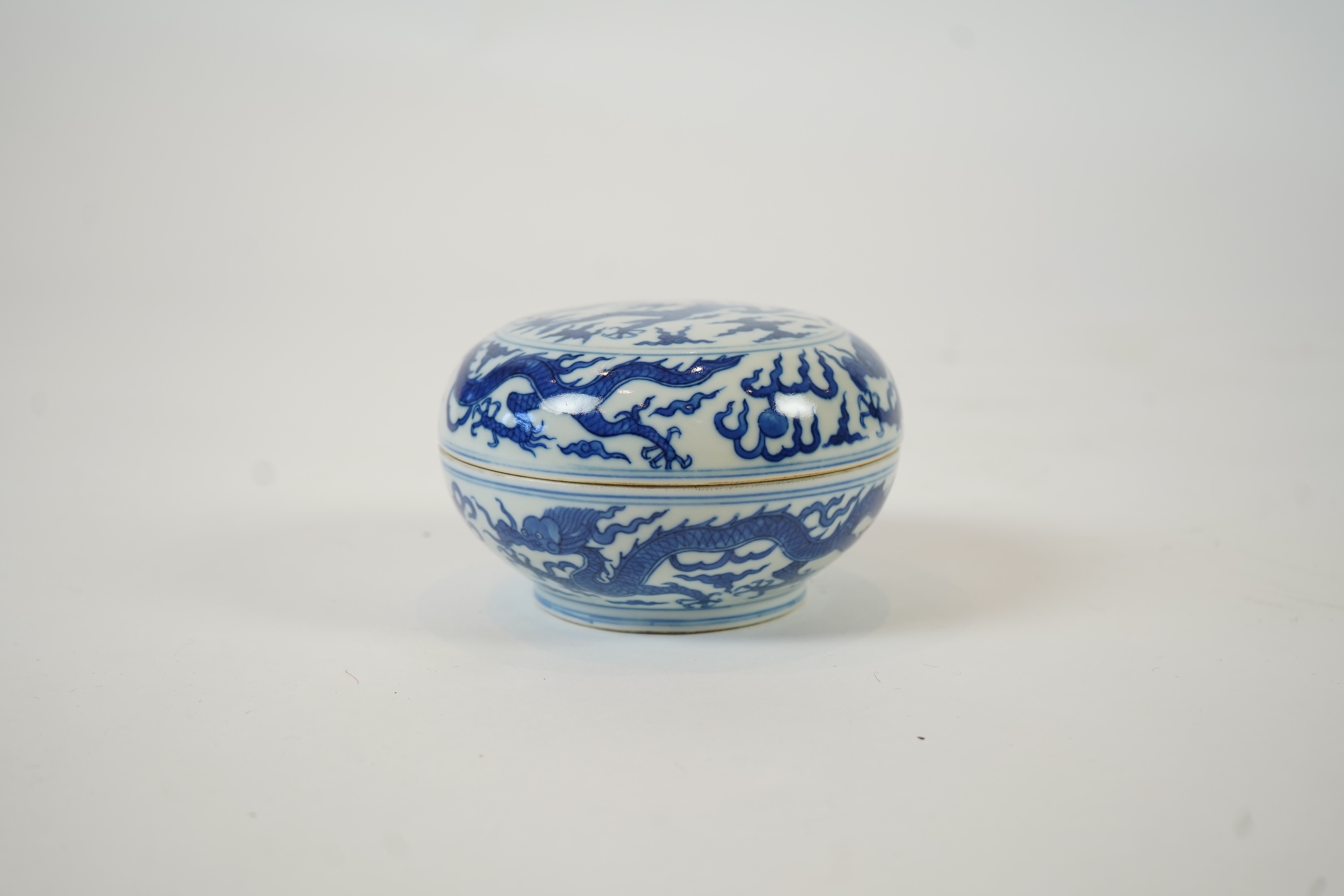 A Chinese blue and white ‘dragon’ box and cover, Jiajing six character mark, 19th century
